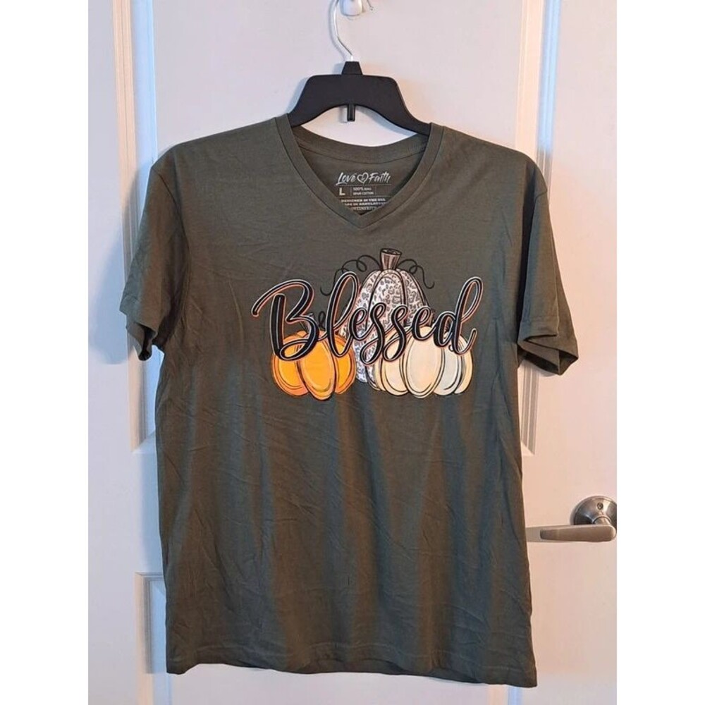 Khaki Green Blessed Cotton T-Shirt Large Love and Faith